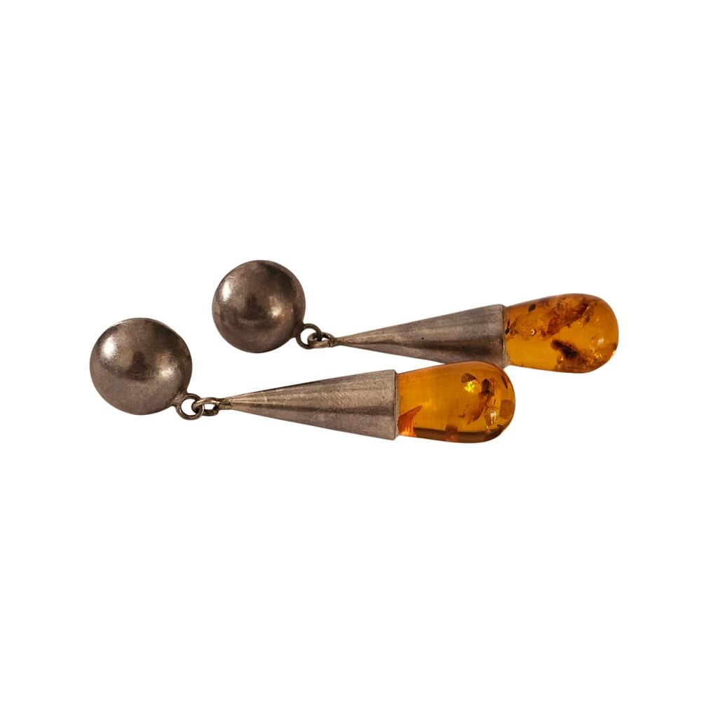Vintage Modernist Sterling Silver Baltic Amber Bullet Drop Dangle Earrings